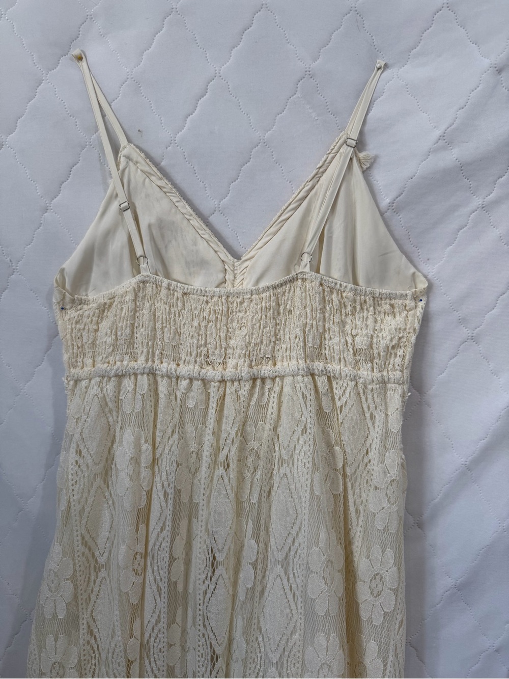 Boho Lace Hi-Lo Maxi Dress in Cream Lace with Tassels and Gold trim w/ Pom-Poms - Picture 8 of 8